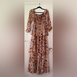 Pink Lily Floral Long Sleeve Maxi Dress - Brown and White boho 70s style